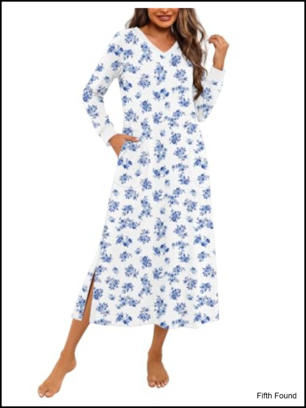 Long Cotton Nightgown Sleepshirt with Pockets V-Neck
